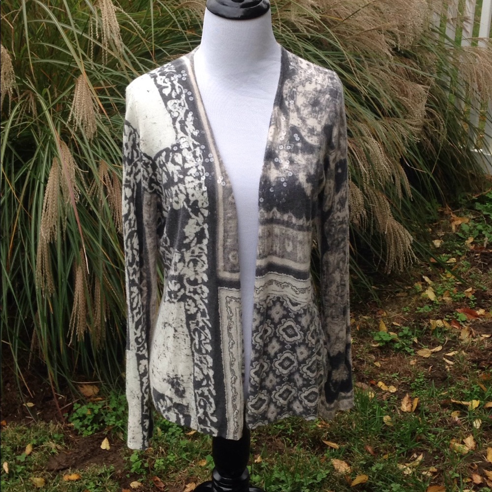 Chico's Gray & Cream Patterned Open Cardigan